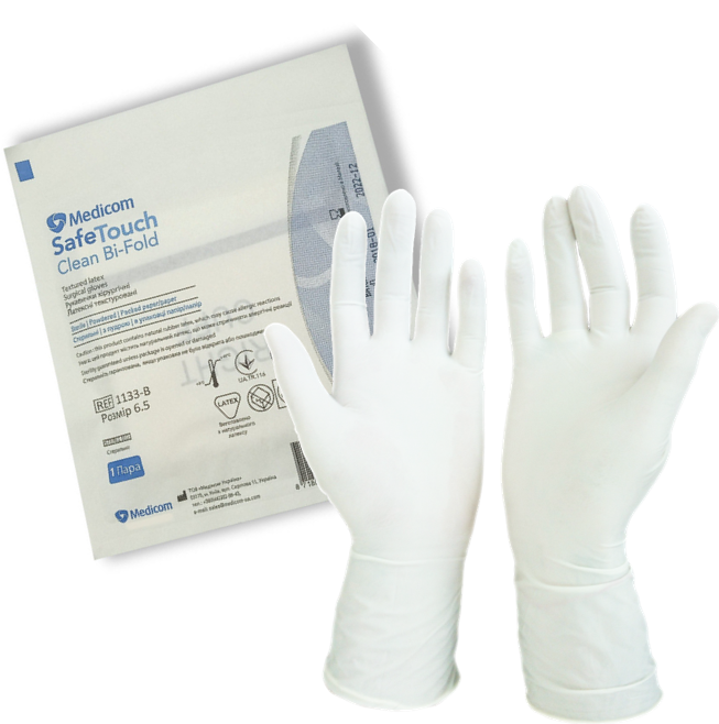Рукавички хірургічні латексні текстуровані SafeTouch® Clean Bi-Fold, стерильні, з пудрою, розмір S (6.5)